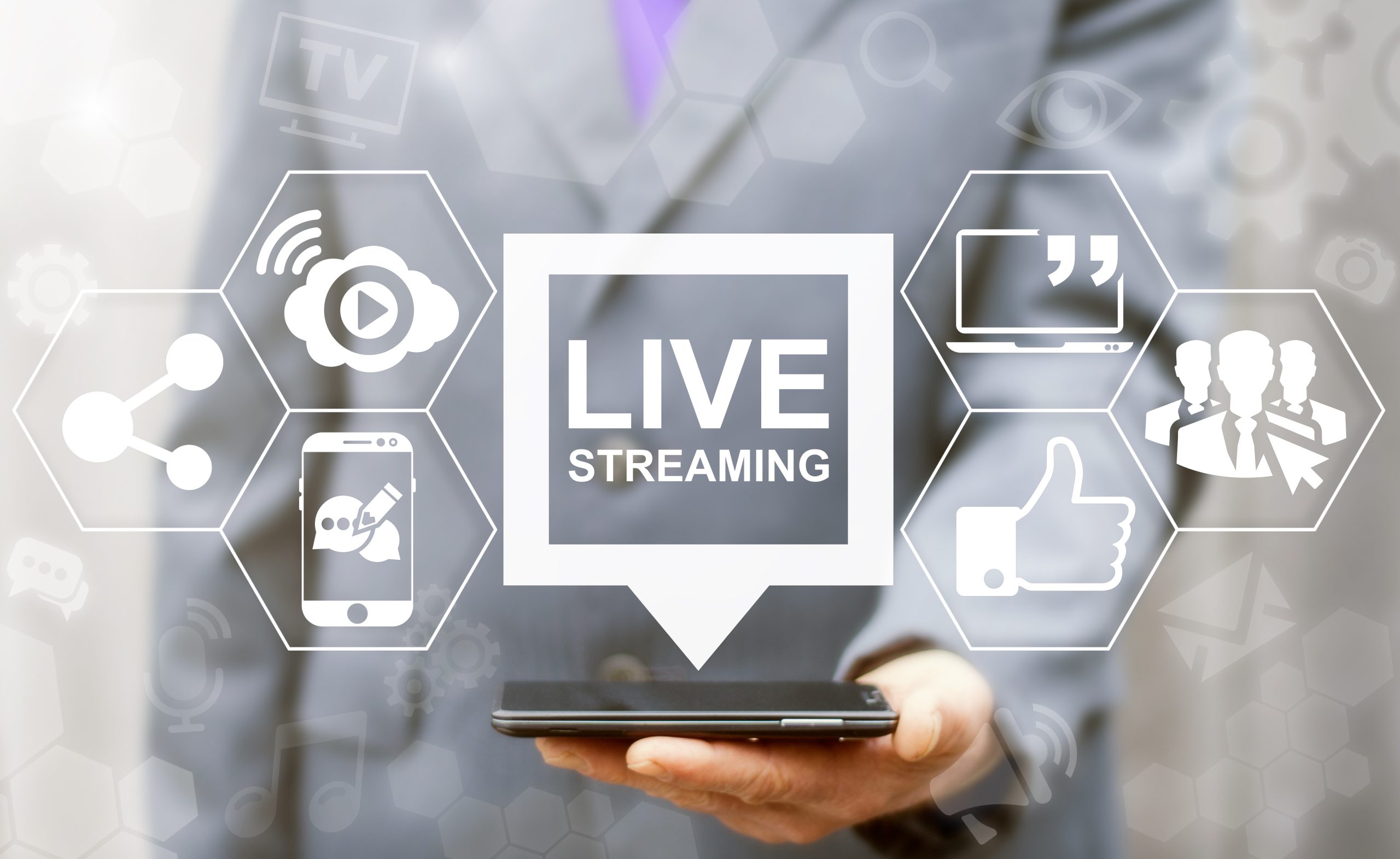 Live streaming social media web network concept. Man offers smar